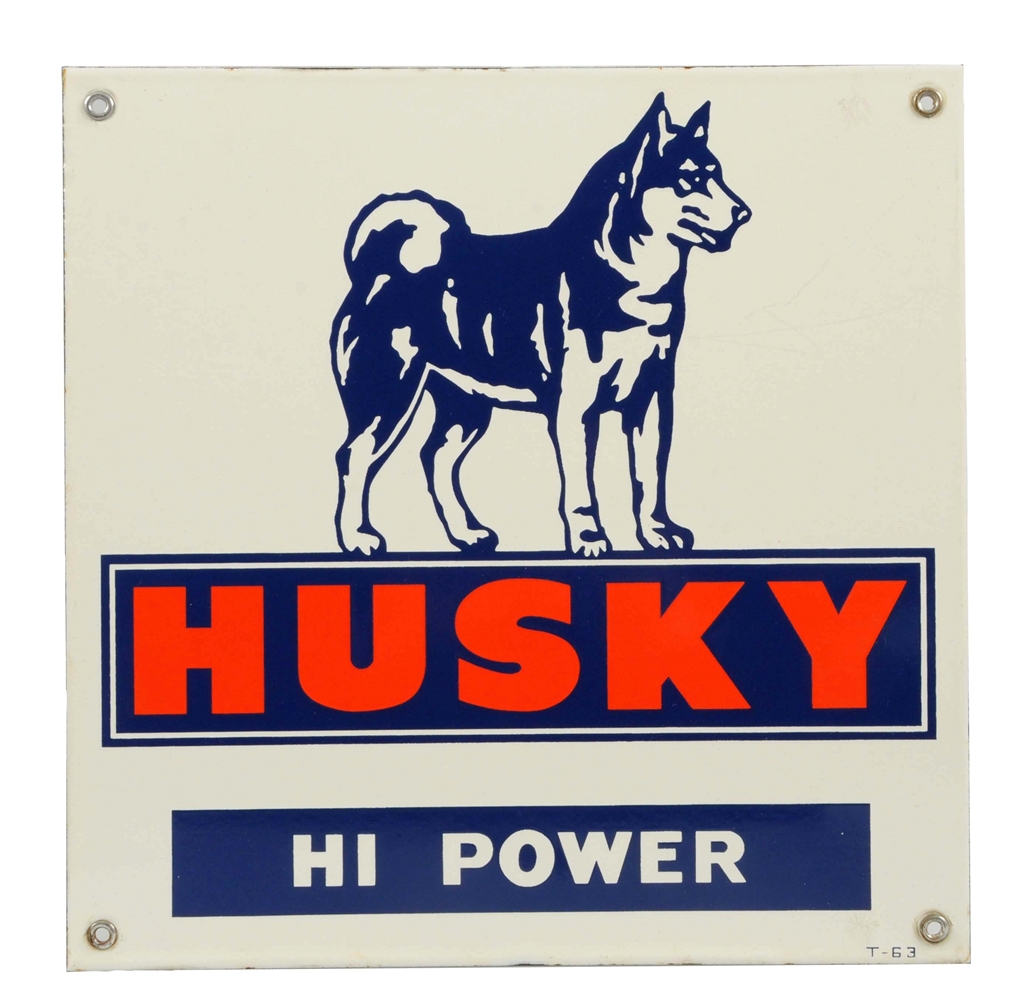 HUSKY HI-POWER W/ DOG LOGO PORCELAIN SIGN.