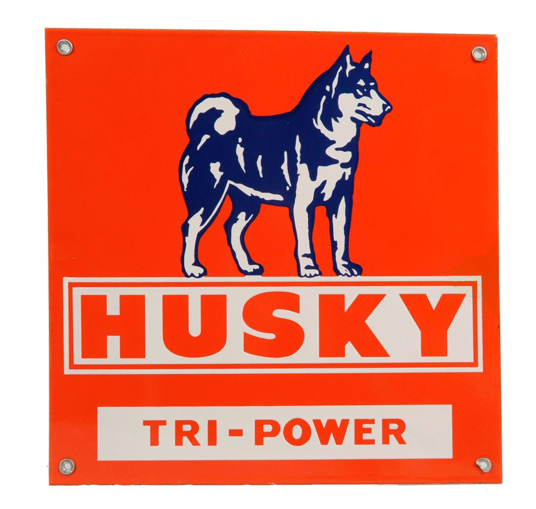 HUSKY TRI-POWER W/ DOG LOGO PORCELAIN SIGN.