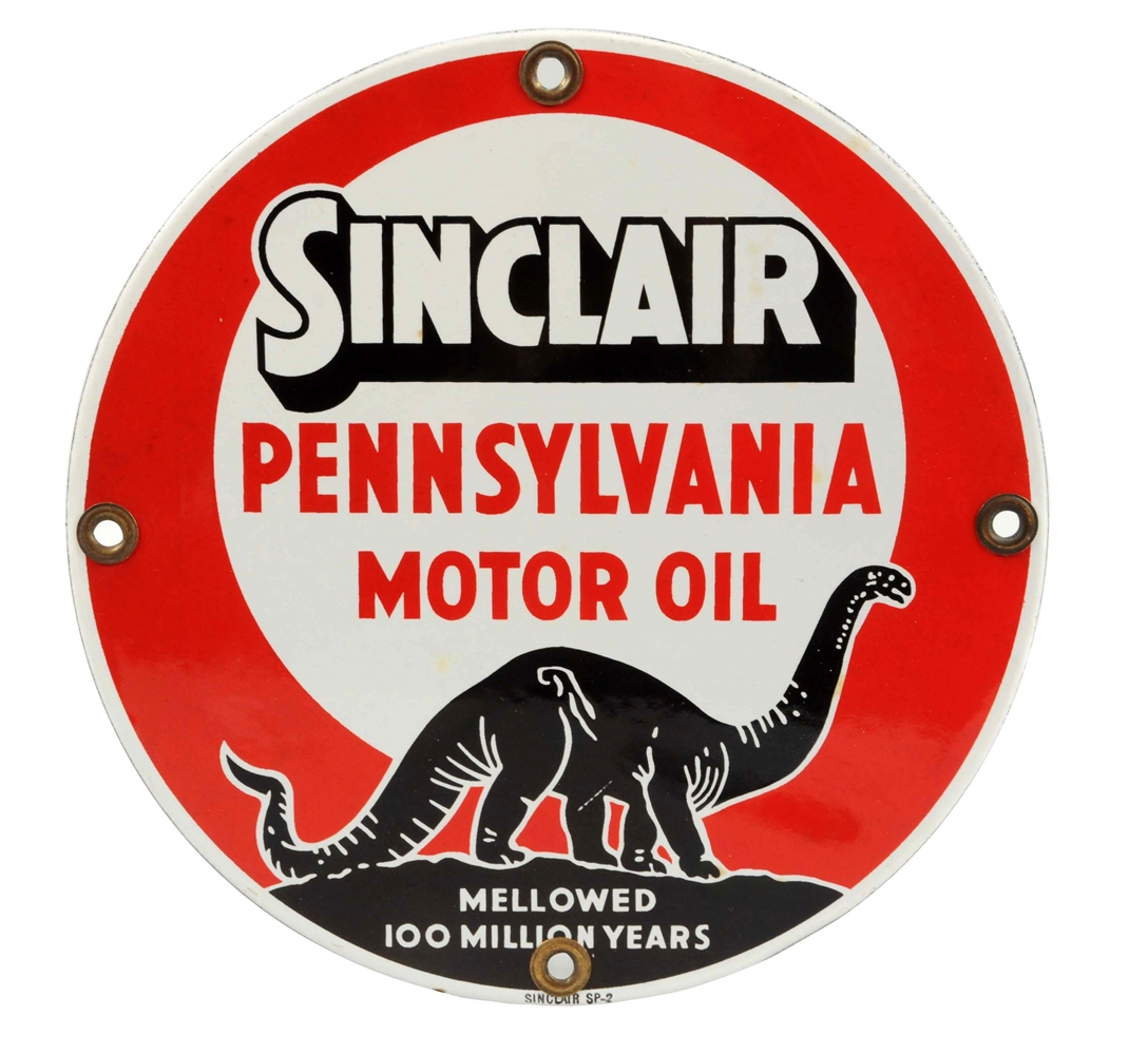 SINCLAIR PENNSYLVANIA MOTOR OIL W/ BLACK DINOSAUR PORCELAIN SIGN.
