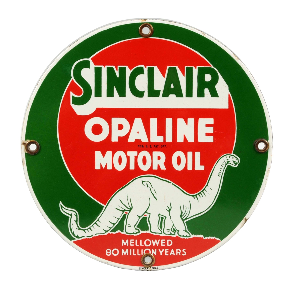 SINCLAIR OPALINE MOTOR OIL W/ WHITE DINOSAUR PORCELAIN SIGN.