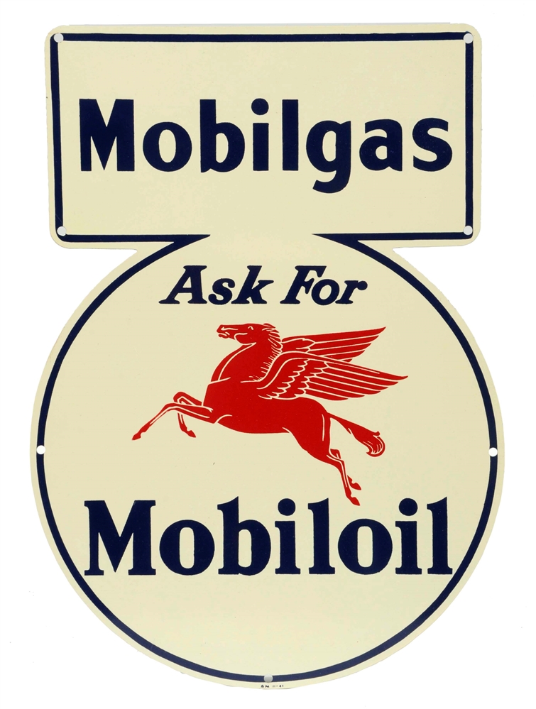 MOBILGAS ASK FOR MOBILOIL W/ PEGASUS DIECUT METAL SIGN.
