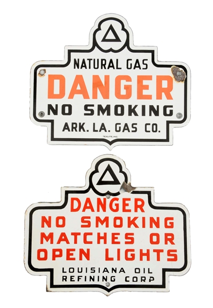 LOT OF 2: CITIES SERVICE "NO SMOKING" DIECUT PORCELAIN SIGNS.