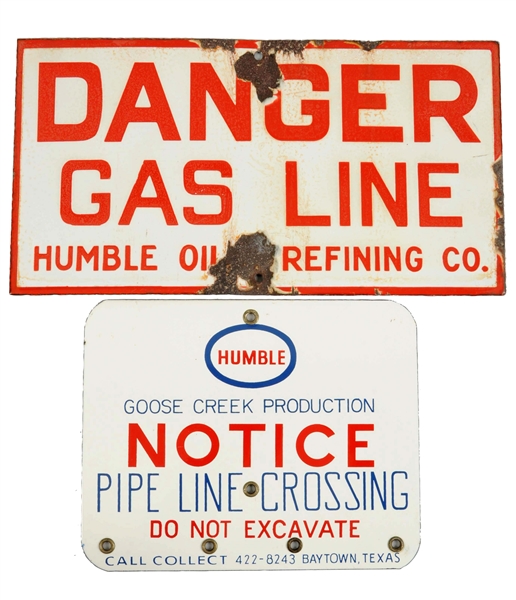 LOT OF 2:  HUMBLE PIPE LINE PORCELAIN SIGNS.