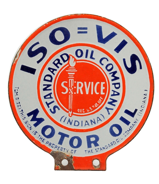 STANDARD OIL (INDIANA) ISO=VIS MOTOR OIL PORCELAIN LUBSTER PADDLE SIGN.