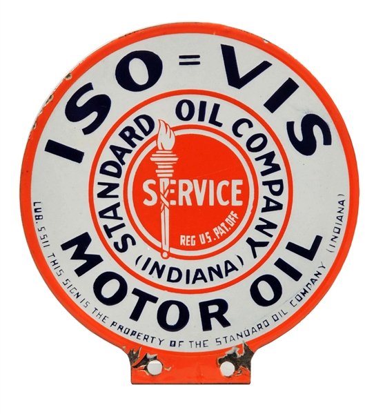 STANDARD OIL (INDIANA) ISO=VIS MOTOR OIL PORCELAIN LUBSTER PADDLE SIGN.