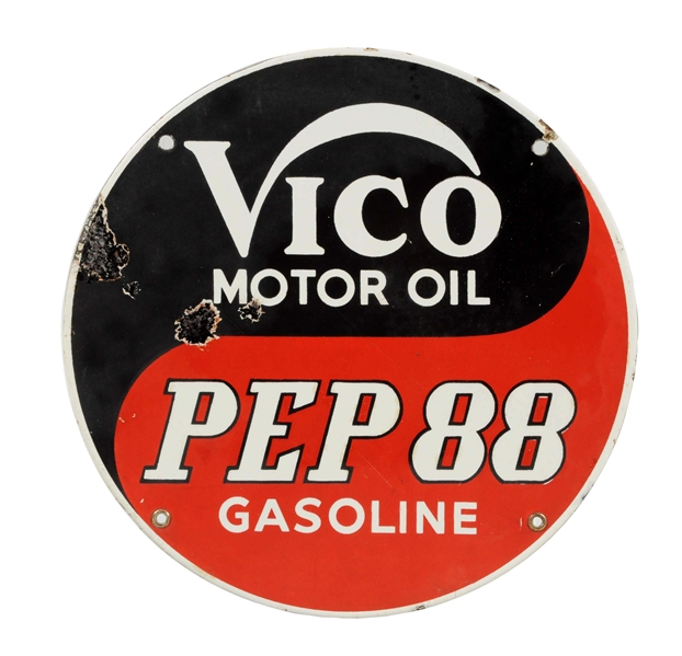 VICO MOTOR OIL & PEP 88 GASOLINE PORCELAIN SIGN.