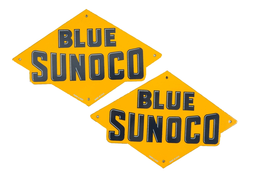 LOT OF 2:  BLUE SUNOCO DIECUT PORCELAIN SIGNS.
