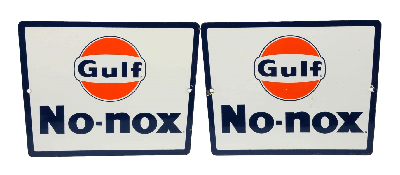 LOT OF 2:  GULF NO-NOX DIECUT PORCELAIN SIGNS.