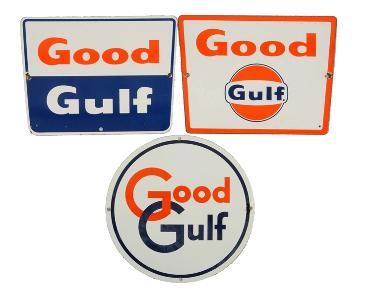 LOT OF 3: DIFFERENT GOOD GULF PORCELAIN SIGNS.