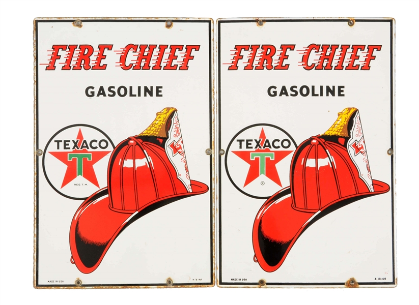 LOT OF 2: TEXACO FIRE CHIEF GASOLINE (LARGE) PORCELAIN SIGN.