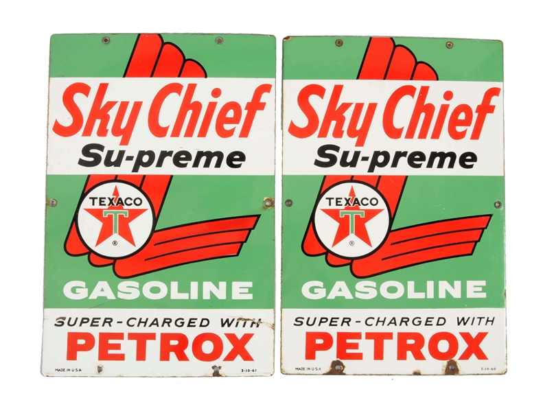 LOT OF 2: TEXACO SKY CHIEF W/ PETROX GASOLINE (LARGE) PORCELAIN SIGNS.