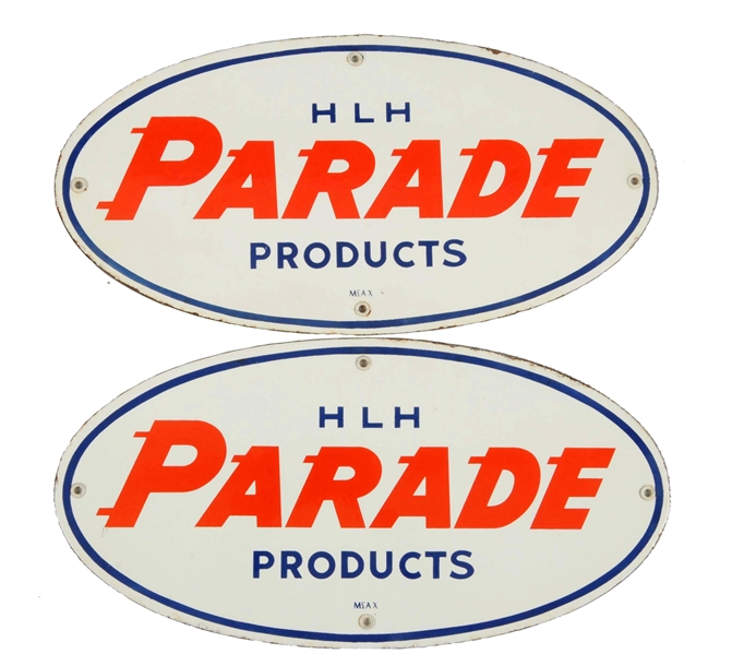 LOT OF 2: PARADE PRODUCTS OVAL PORCELAIN SIGNS.