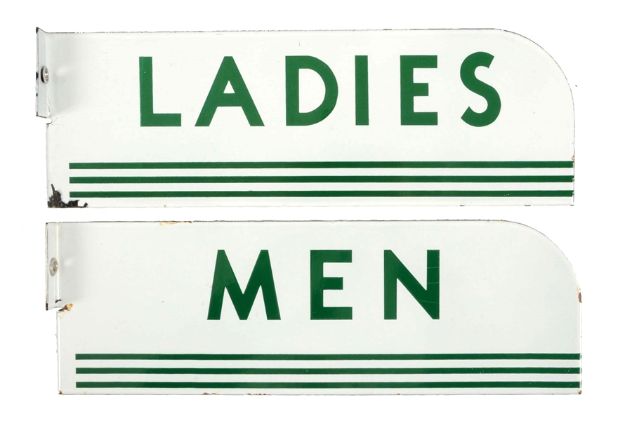 LOT OF 2: (TEXACO) MEN & LADIES REST ROOM PORCELAIN FLANGE SIGNS.