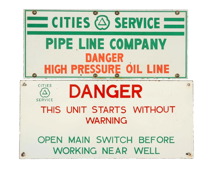 LOT OF 2: CITIES SERVICE W/ LOGO PIPE LINE & DANGER PORCELAIN SIGNS.