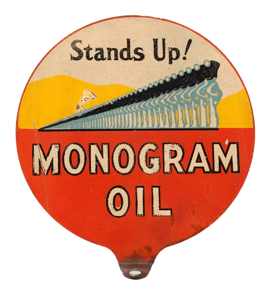 MONOGRAM OIL "STANDS UP!" W/ LOGO METAL LUBSTER SIGN.