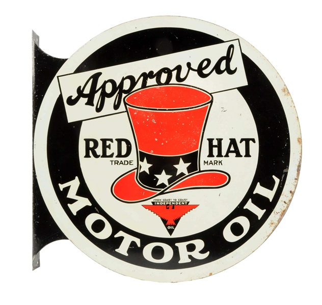 APPROVED RED HAT MOTOR OIL TIN FLANGE SIGN.
