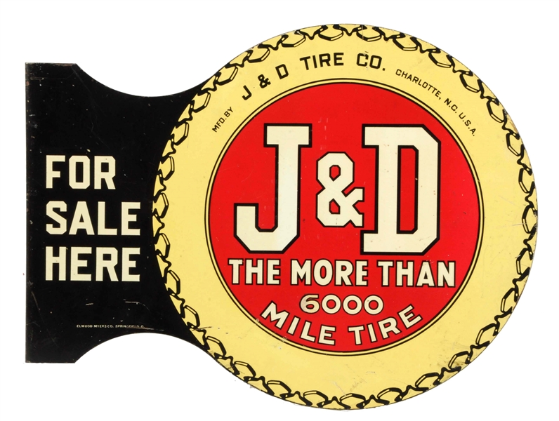 J&D TIRES FOR SALE HERE DIECUT TIN FLANGE SIGN.