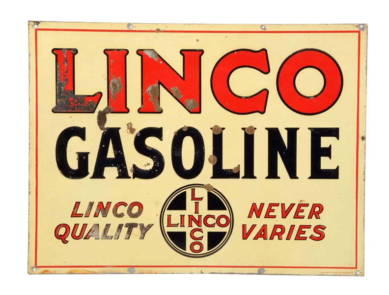 LINCO GASOLINE W/ LOGO EMBOSSED METAL SIGN.