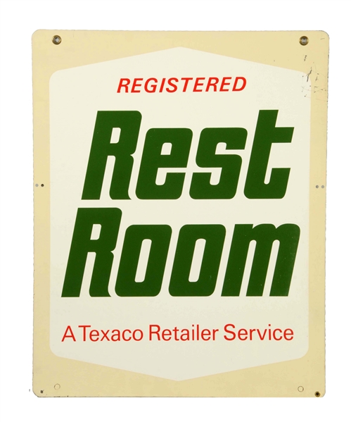 TEXACO "REGISTER REST ROOM" METAL SIGN.