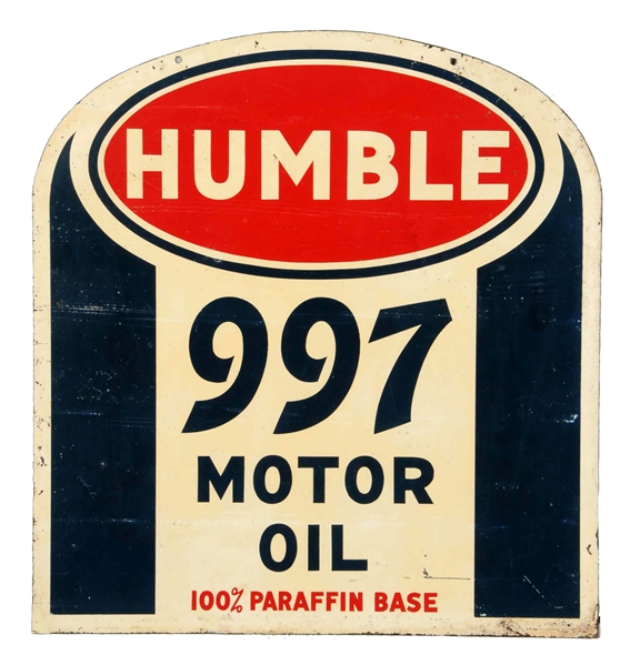HUMBLE 997 MOTOR OIL TOMBSTONE SHAPED SIGN.