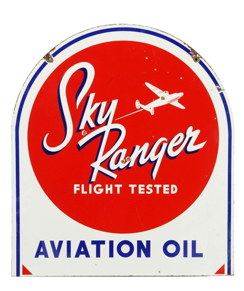 SKY RANGER FLIGHT TESTED AVIATION OIL TOMBSTONE SHAPED PORCELAIN SIGN.