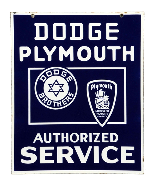 DODGE PLYMOUTH AUTHORIZED SERVICE W/ BOTH LOGOS PORCELAIN SIGN.