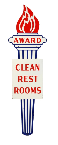 (STANDARD) CLEAN REST ROOMS AWARD TORCH DIECUT PORCELAIN SIGN.