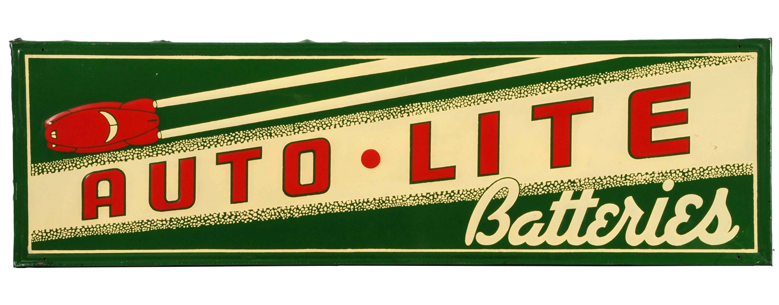 AUTO-LITE BATTERIES W/ NICE GRAPHICS EMBOSSED TIN SIGN.