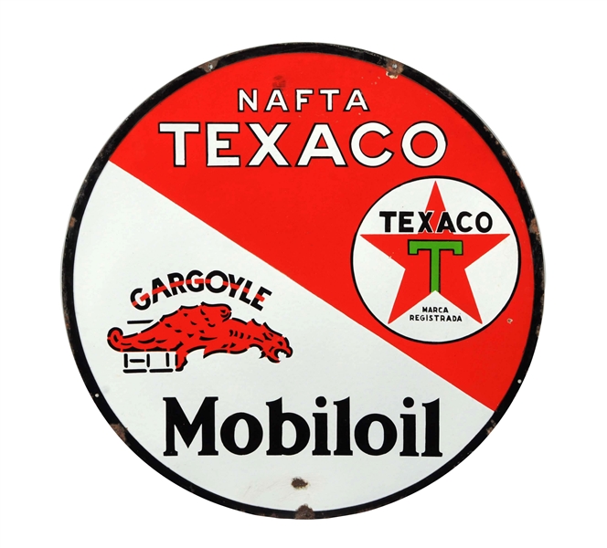 TEXACO (BLACK-T) NAFTA MOBILOIL PORCELAIN SIGN.