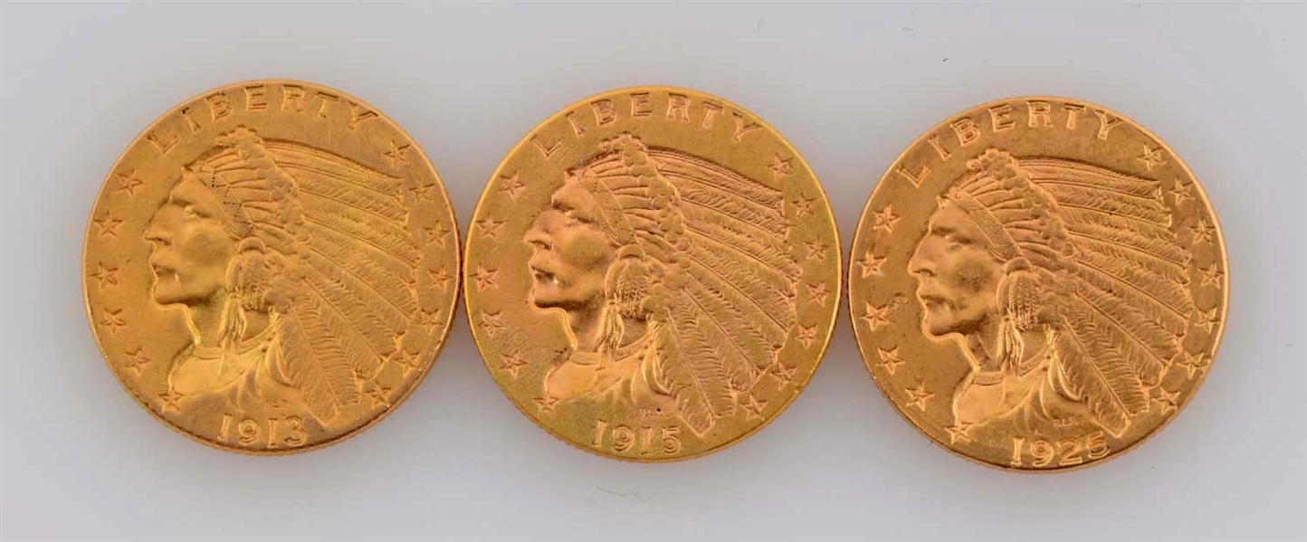 LOT OF 3: $2-1/2 GOLD INDIAN COINS. 