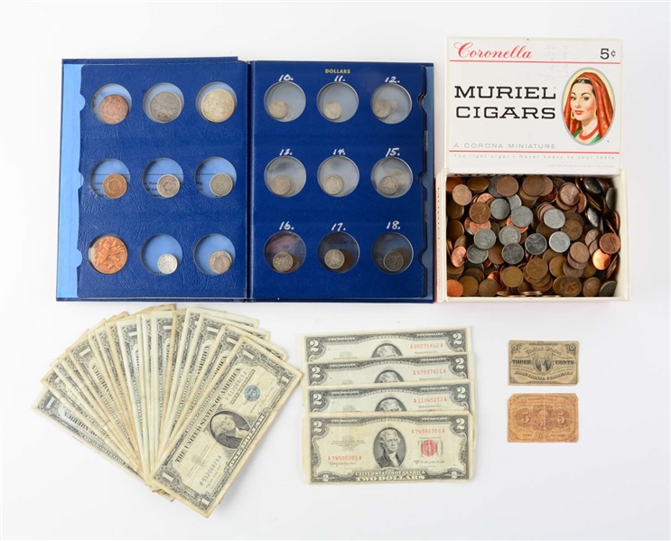 MISCELLANEOUS LOT OF COINS & PAPER MONEY. 