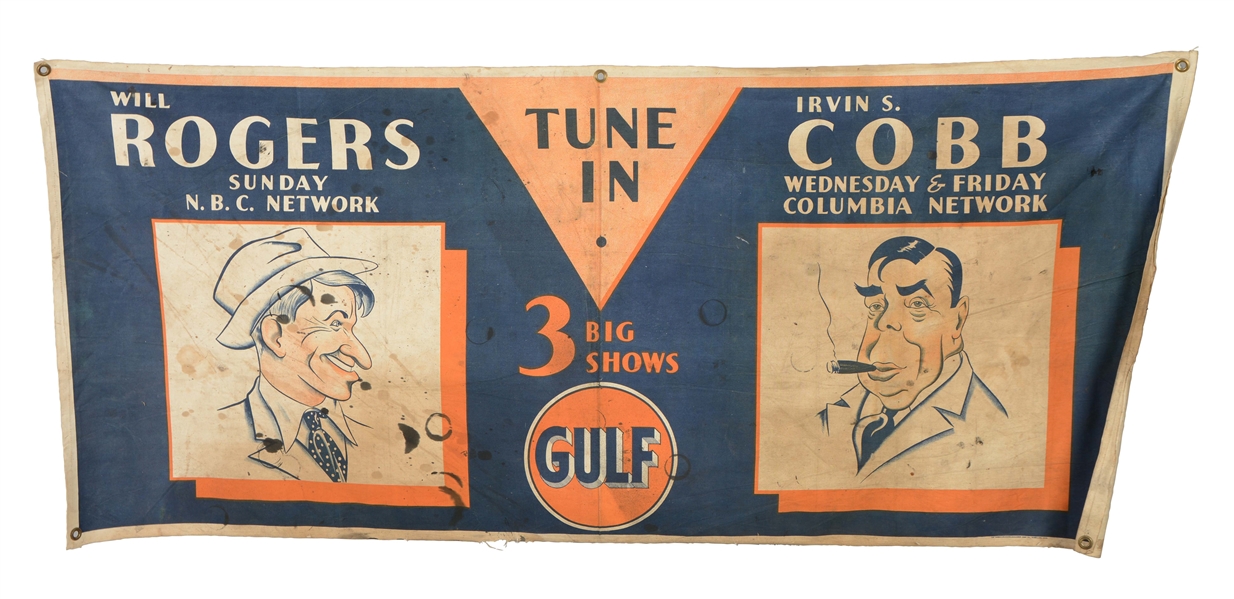 GULF WILL ROGERS AND IRVIN S. COBB CANVAS PROMOTIONAL BANNER.