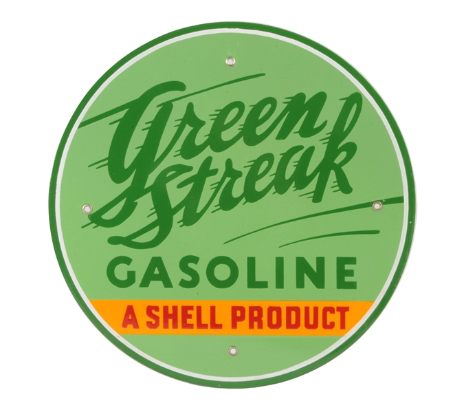 GREEN STREAK GASOLINE "A SHELL PRODUCT" PORCELAIN SIGN.