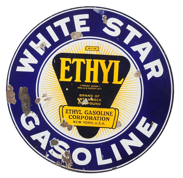 WHITE STAR GASOLINE WITH ETHYL LOGO PORCELAIN SIGN.         