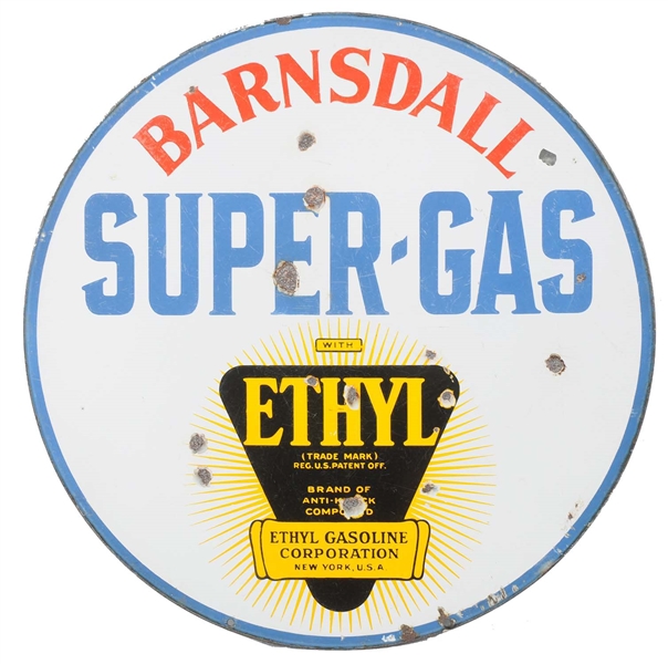 BARNSDALL SUPER-GAS WITH ETHYL LOGO PORCELAIN SIGN.         