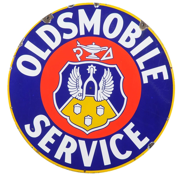 OLDSMOBILE SERVICE WITH CREST LOGO PORCELAIN SIGN.            