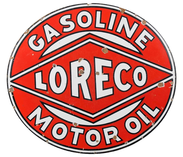 LORECO GASOLINE MOTOR OIL OVAL PORCELAIN SIGN.          
