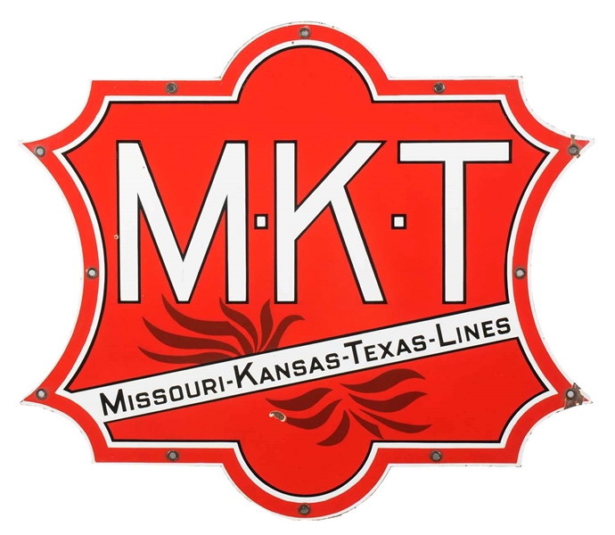 M-K-T MISSOURI-KANSAS-TEXAS LINES DIE-CUT PORCELAIN SIGN.            