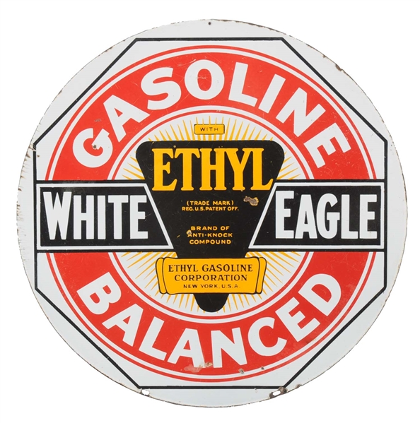 WHITE EAGLE GASOLINE BALANCED WITH ETHYL PORCELAIN SIGN.       