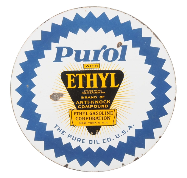 PUROL WITH ETHYL LOGO PURE OIL PORCELAIN SIGN.          