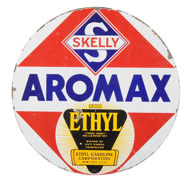 SKELLY AROMAX WITH ETHYL LOGO PORCELAIN SIGN.                 