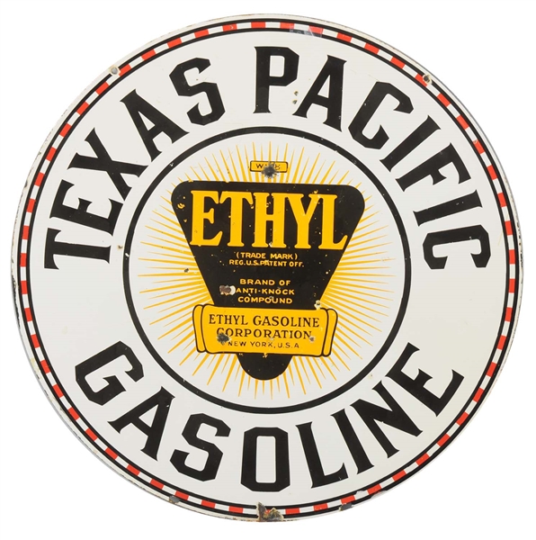 TEXAS PACIFIC GASOLINE WITH ETHYL LOGO PORCELAIN SIGN.        