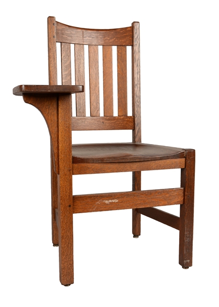 LIMBERTS ARTS & CRAFTS QUARTER SAWN OAK TABLET ARM CHAIR.