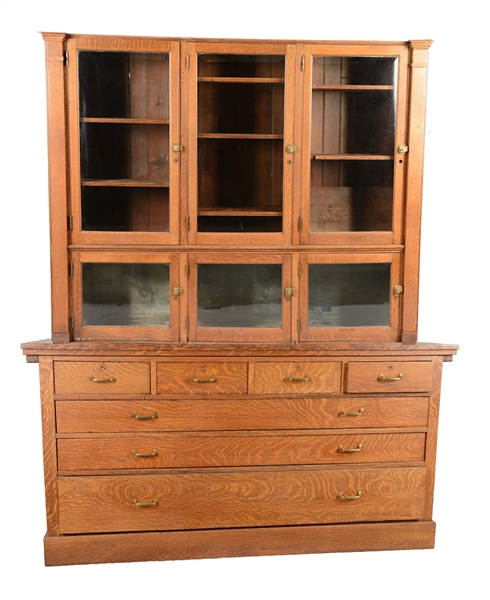 LOT OF 2: LARGE QUARTER SAWN OAK MERCANTILE DISPLAY CABINET. 