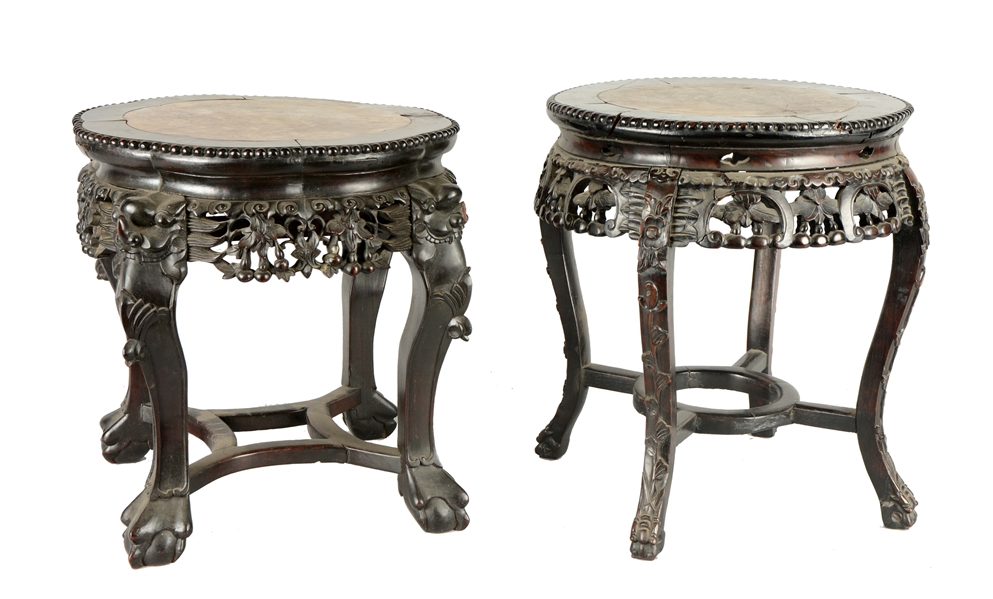 LOT OF 2: CARVED WOOD AND ROSE MARBLE END TABLES.