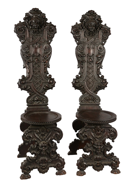 LOT OF 2: ANTIQUE CARVED HALL CHAIRS.