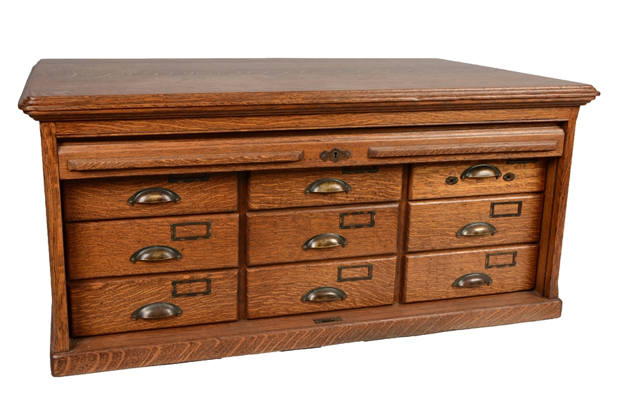 OAK ROLLTOP CHEST OF DRAWERS.