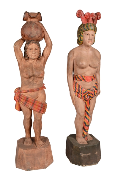 LOT OF 2: WOOD SCULPTURES OF POLYNESIAN WOMEN.