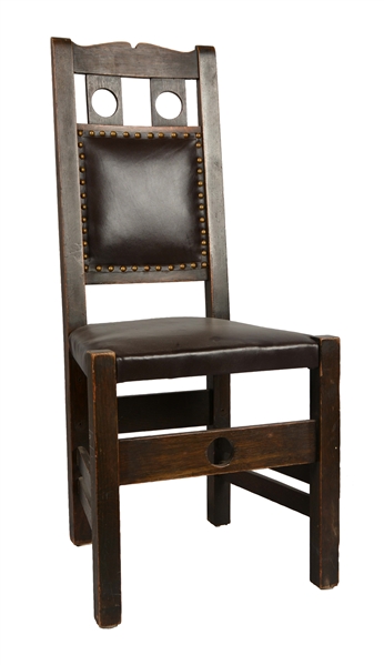 WOOD AND LEATHER CHAIR.