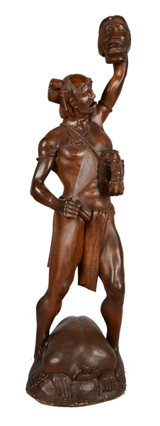 WOOD SCULPTURE OF TRIBAL HEADHUNTER.